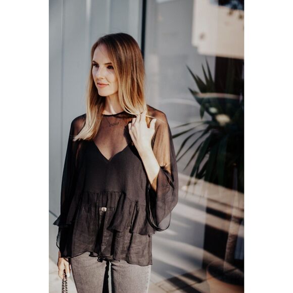 NWT Krisa Revolve Black Sheer Ruffled Soft Flowy Blouse Size Medium - Picture 6 of 6